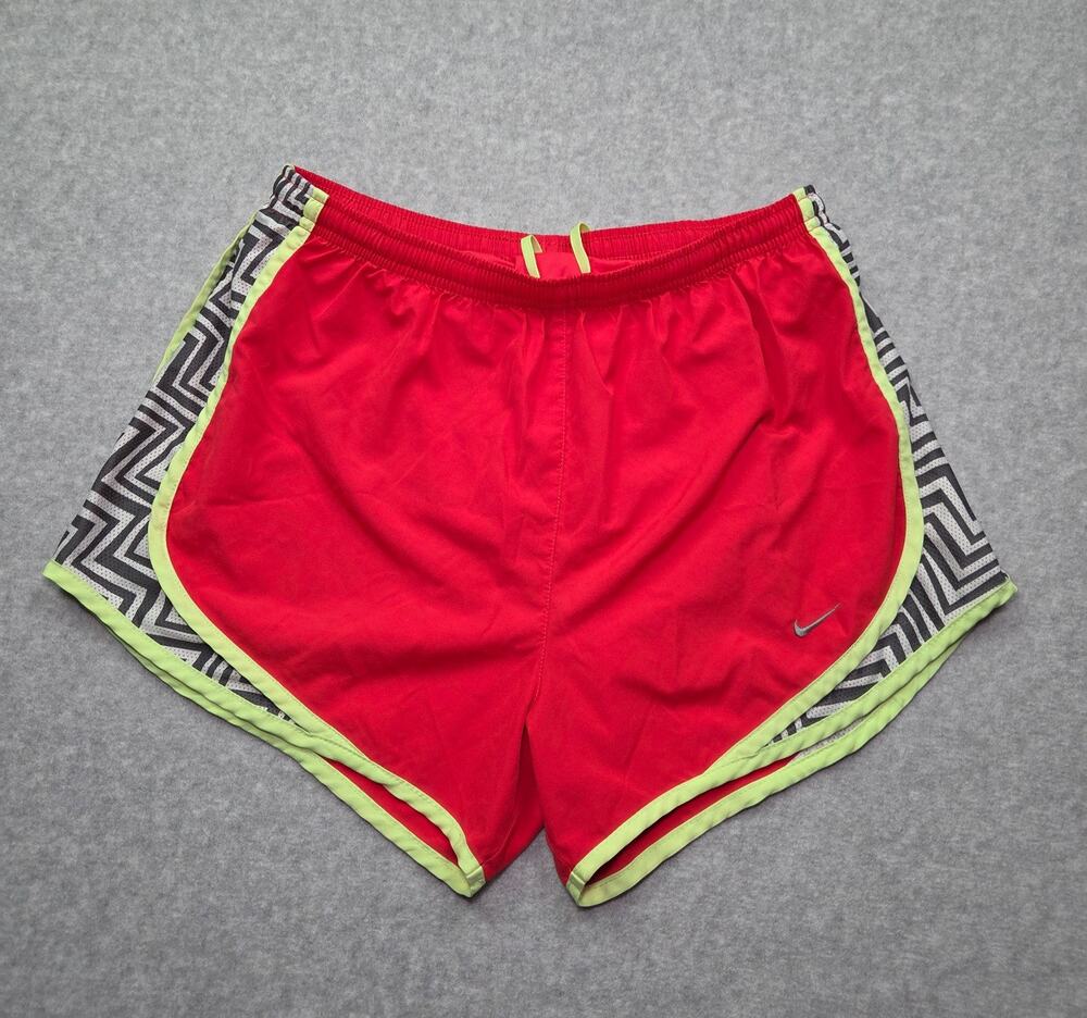 Nike Tempo Women's Small Running Shorts Red Geometric Maze Print Lime Green Trim